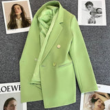 Gbolsos Women Casual Blazer Double Breasted Suit Jacket Korean Version Pure Color Loose Fashion Suit Jacket Simple Office Ladies Tops