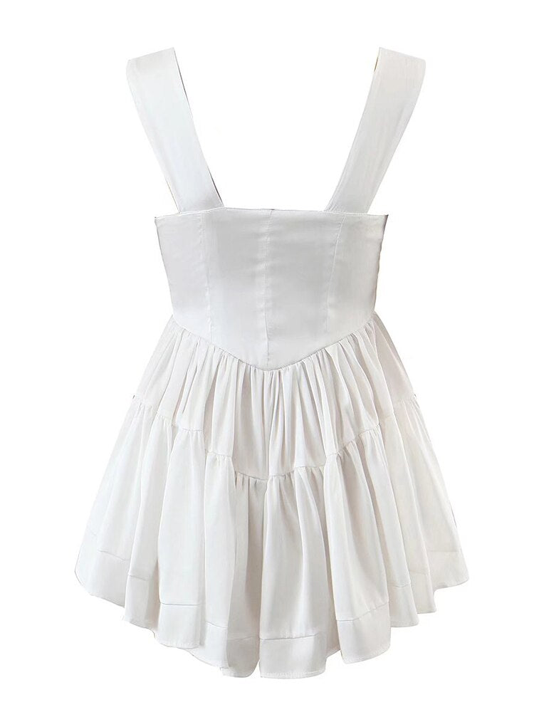 Gbolsos Women White Sleeveless Tank Dress Fashion Ladies Square Neck Satin Chiffon  Summer Dress Short Vestido