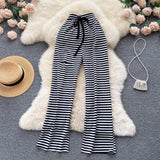 Gbolsos White and Black Striped Long Pants Women  New Retro Style Lace-up Elastic Waist Hole Wide Leg Casual Full Length Trousers