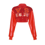 Gbolsos Women Crop Jacket Red PU Leather Patchwork Letter Short Baseball Coat   Autumn High Street Hot Y2K Casual Jackets Tops