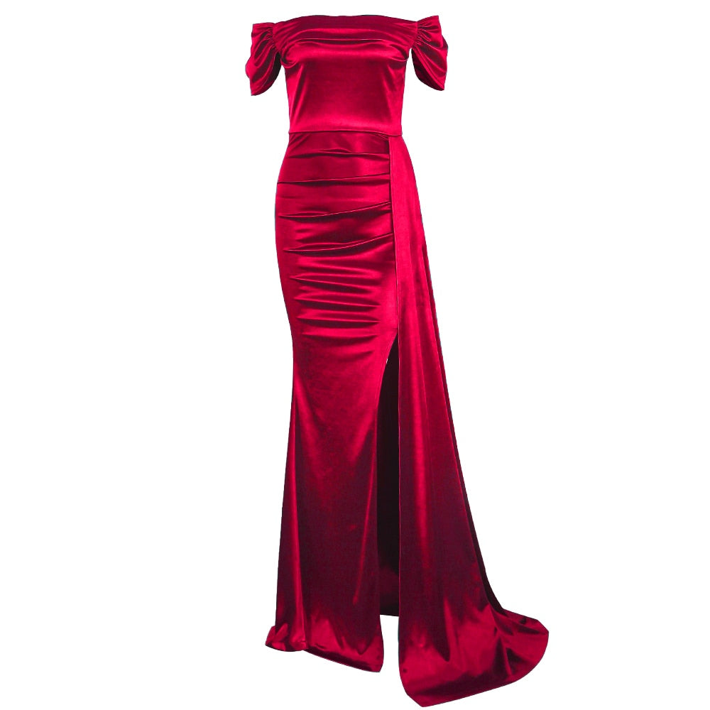 Off the Shoulder Ruched Long Satin Maxi Dress with Ribbon Formal Pleated Leg Split Prom Gown