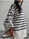 Gbolsos Casual Knitted Sweater Autumn Femme Vintage V Neck Striped Loose Elegant Pullover Chic Jumper Women's Long Sleeve Top