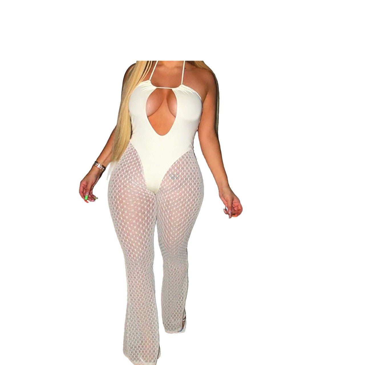 Gbolsos Summer Nightclub Halterneck See Through Mesh Jumpsuit Woman Sexy Strappy Hollow Stitching Flared Trouser Romper