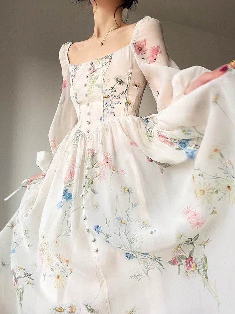 Gbolsos French Elegant Floral Midi Dress Chiffon Long Sleeve Evening Party Dress Woman Beach Fairy One Piece Dress Korean Summer