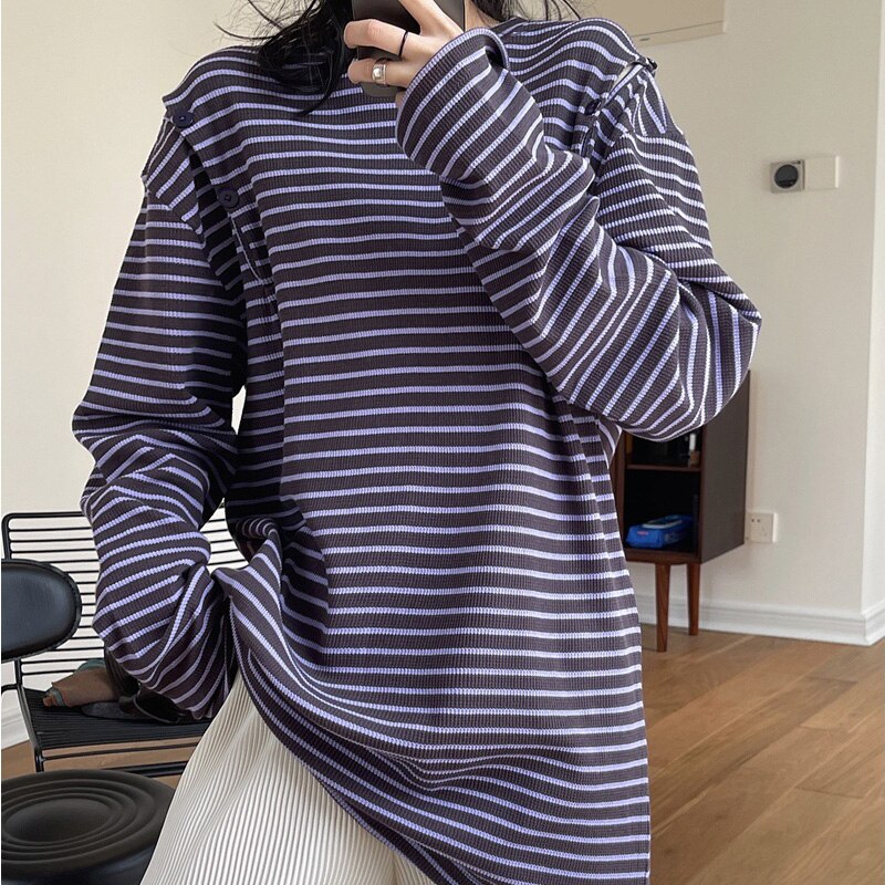 Gbolsos Spring And Autumn Women's Casual Striped Sweatshirt Round Neck Long-sleeved Off-the-shoulder Loose Sweater