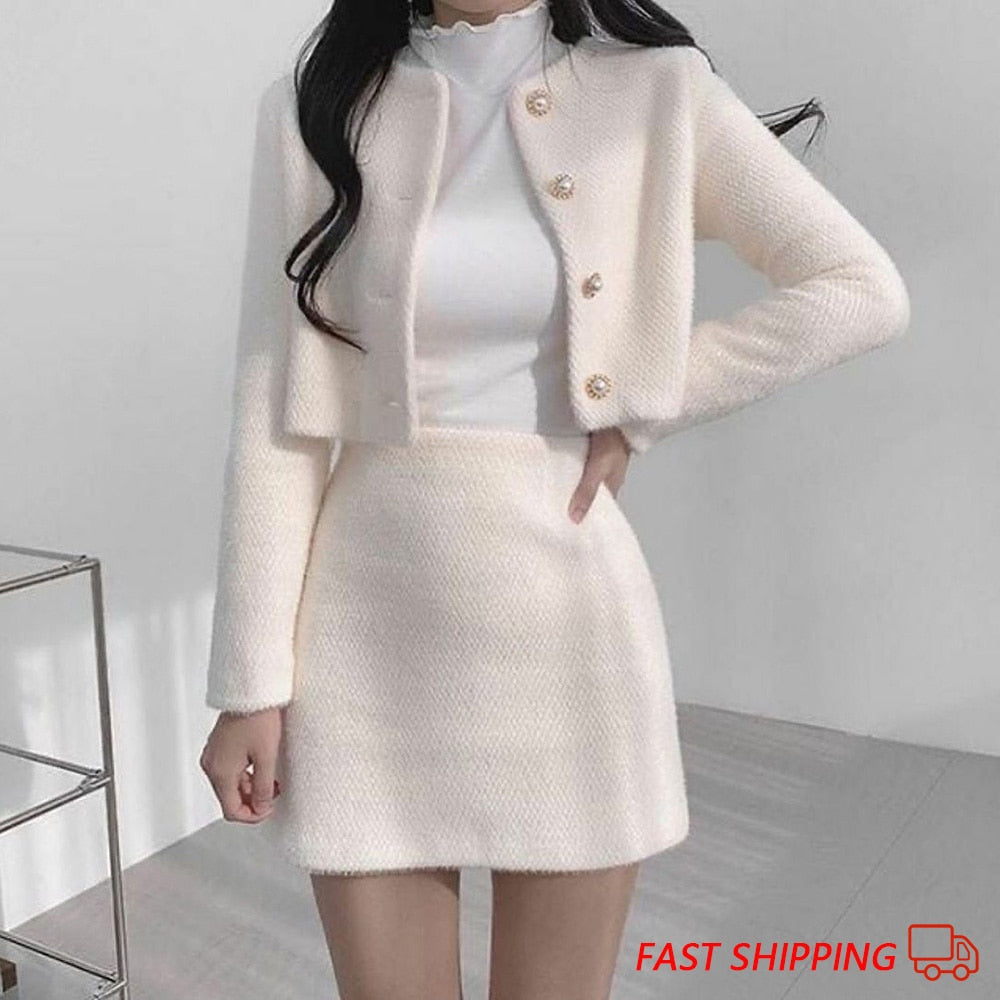 Gbolsos Autumn Winter New Korean Fashion Sweet Women's Suits with Mini Skirt Two-pieces Set Woman Dress Casual Elegant Tweed Suits