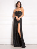 Gbolsos Off Shoulder Sparkle Glitters Floor Length Split Party Maxi Dress Full Lining Padded Backless Long Black Dress