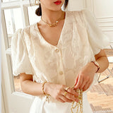 French Elegant Lace Cardigan Shirt Women Cotton Chic Button V Neck Long Sleeve Bluoses Solid Color Commute Tops Female