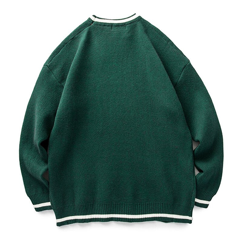 Gbolsos Vintage Knitted Sweater Men Green Letter Print Striped Pullover Women Harajuku College Style Jumpers Streetwear Spring Autumn