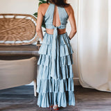 Gbolsos Summer Sexy High Waist Sleeveless Boho Long Dresses Hollow Out Cascading Ruffle Cake Dress Women Halter Beach Maxi Dresses