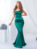 Gbolsos Low Cut Pleated Sleeveless  Maxi Dress Stretchy Satin Spaghetti Straps Backless Long Gown Evening Party