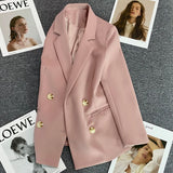 Gbolsos Women Casual Blazer Double Breasted Suit Jacket Korean Version Pure Color Loose Fashion Suit Jacket Simple Office Ladies Tops