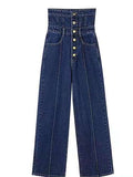 Gbolsos Elegant Korean Jeans Women Winter New High-Waist French Designer Wide-legged Pants Blue Casual Designer Long Pants Autumn