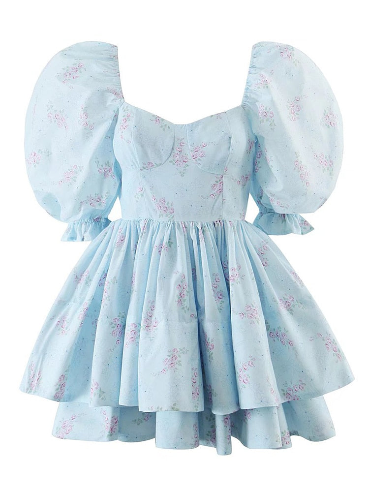 Gbolsos Fashion Women Blue Flower Print Ball Gown Dress Vintage Puff Sleeve Big Swing Female Mini Robe Fairy Cake Vestido