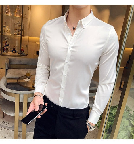 Gbolsos Men's Shirt Neckline Embroidery Long Sleeve Casual Slim Men's Dress Shirt Solid Color Formal Business Social Clothing Top