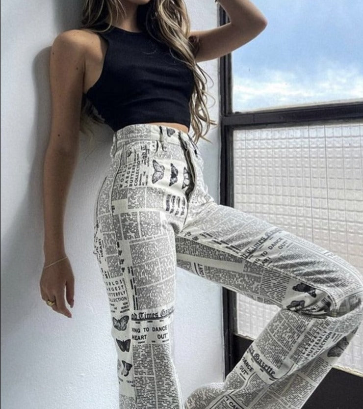 Gbolsos Woman Fashion Beige Print Straight Pants Spring Chic High Waisted Button Pants Girls Cool Streetwear Patchwork Trousers