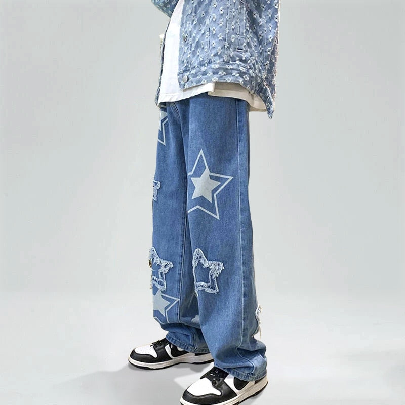 Gbolsos Y2K Star Pants Men's Jeans with Stars Streetwear Hip Hop Denim Pants Straight Trousers Male Embroidered Loose Casual