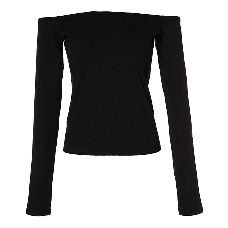 Gbolsos Spring Summer Women Clothing Daily Wear Black T-shirts Elegant Cold Shoulder Long Sleeve Skinny Casual Top
