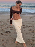 Gbolsos Summer Knit Long Skirt Women Sexy Holiday Party Beach Cove-Up Midi Skirts Dropped Waist See Through Wrap White Maxi Skirt