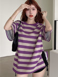 Gbolsos Striped T-shirts Women Slit M-4XL Streetwear Loose Summer Simple Short Sleeve All-match Students Ulzzang Fashion Casual Ins BF