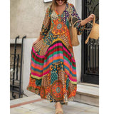 Retro Ethnic Print Dress New Spring Summer Half-sleeve Casual Dress Ladies Sexy V-neck Stitching Pleated Drape Maxi Dress