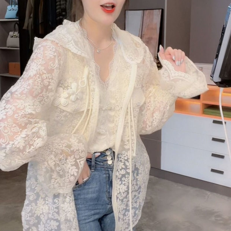 Gbolsos New Women Summer Tops Cardigan Female Fashion Blouses Lace Blouse Shirt Ladies Long Sleeve Shirts Sun Protection Clothes