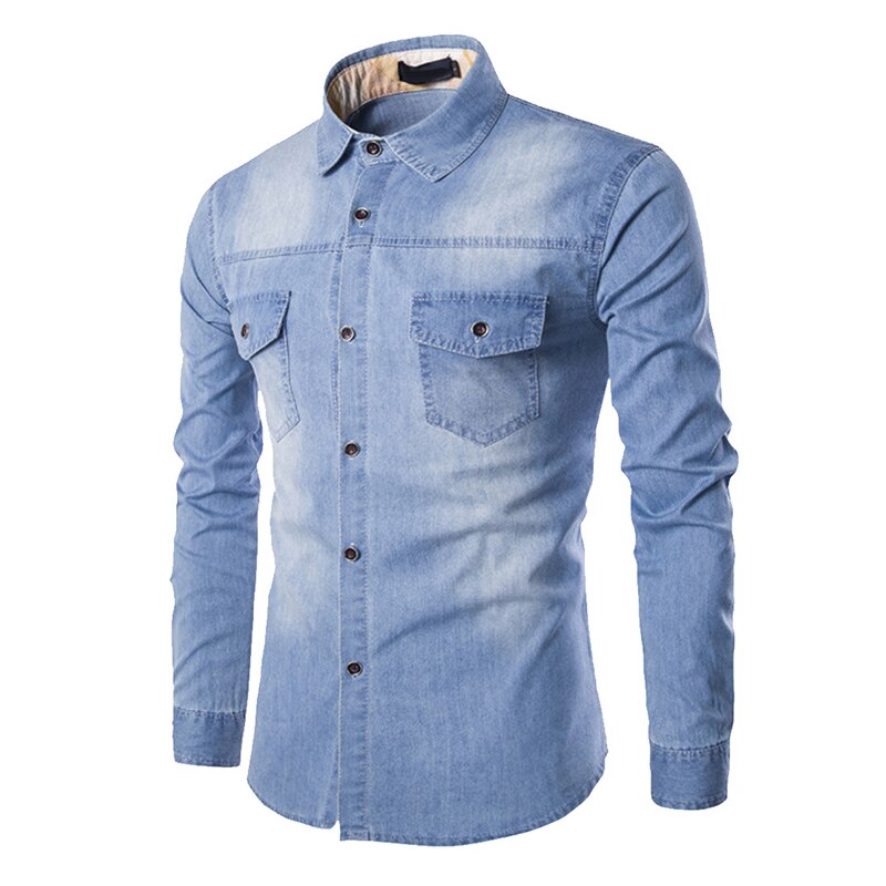 Gbolsos Fashion Mens Denim Shirt Long Sleeve Plus Size Cotton Jeans Cardigan Casual Slim Fit Shirts Men Two-pocket Tops Clothing M-6XL