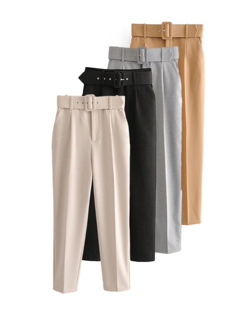 Gbolsos Women Pants Spring Fall Traf Vintage High Waist With Belt Khaki Beige Ladies Ankle Women's Pants Suit Female Clothing