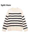 Gbolsos Casual Knitted Sweater Autumn Femme Vintage V Neck Striped Loose Elegant Pullover Chic Jumper Women's Long Sleeve Top