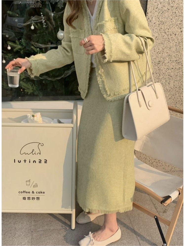 Gbolsos Spring Green Tweed Two Piece Set Women Skirt Korean Fashion Long Sleeve Jacket + Midi Skirt Suits Vintage Femme 2 Pieces Outfits