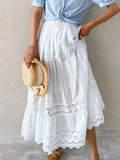 Boho Elegant White Long Skirt Women Hook Flower Hollow Folds Hem High-waisted Skirts Casual Holiday Female Clothes