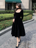 Gbolsos Velvet Elegant Evening Party Midi Dresses Ladies Black France Vintage Dress Women New Winter Korean One-piece Dress Autumn