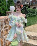 Gbolsos France Sweet Tie-dyed Fairy Dress Women Elegant Chic Ruffles V-Neck Long Sleeve Princess Dresses Female Casual Beach Vestidos