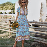 Boho Dress For Women Flower Print V Neck Short Sleeve High Waist Summer Dresses Casual Beach Holiday Vestidos Female