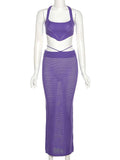 Gbolsos Purple Knitted 2 Piece Summer Set Women Sexy Crochet Vacation Beach Outfits Hollow Out Bandage Long Skirt And Cropped Set