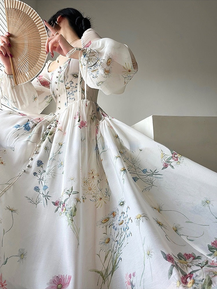 Gbolsos French Elegant Floral Midi Dress Chiffon Long Sleeve Evening Party Dress Woman Beach Fairy One Piece Dress Korean Summer