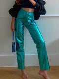 Y2K Shiny Metallic PU Leather Pants for Women   Autumn Winter Green High Waist Straight Leg Pants Casual High Street Clubwear