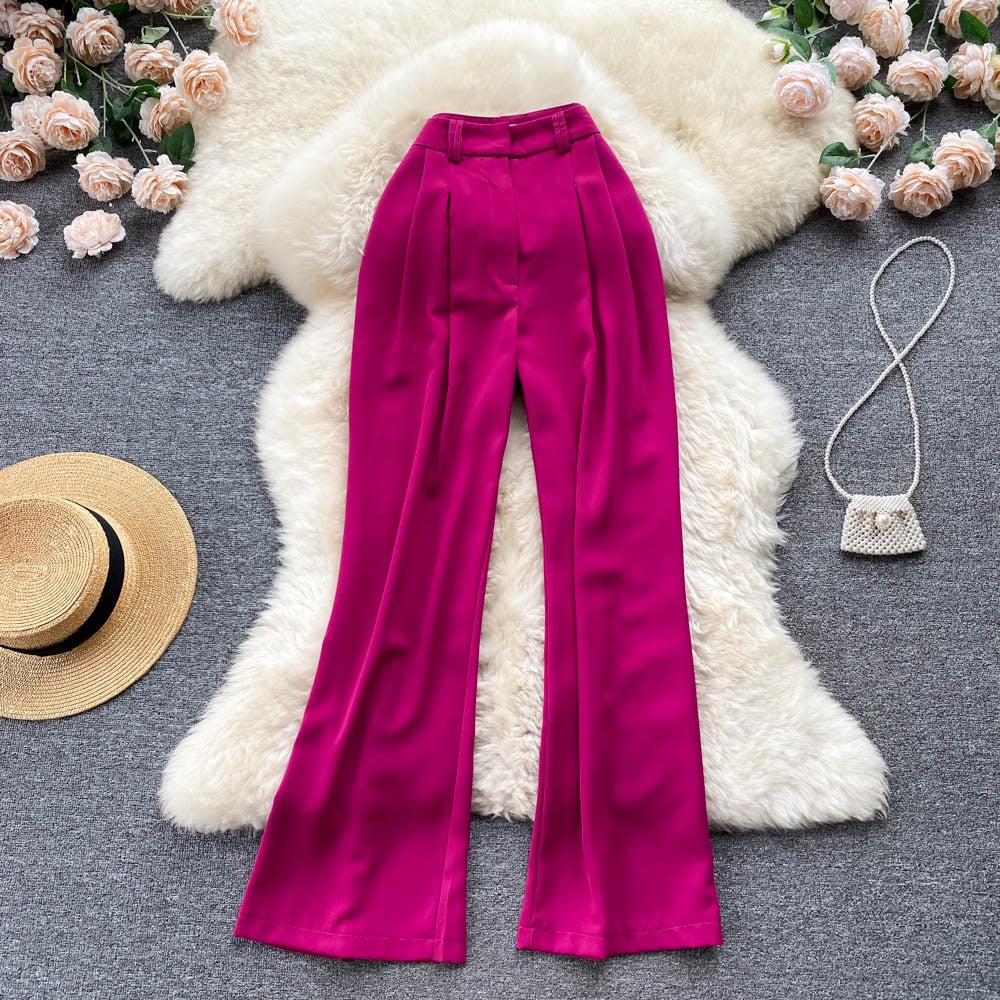Gbolsos Korean Fashion Women Flare Pants Solid High Waist Pleated Front Full Lengh Trousers Summer Casual Female Long Pants