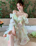 Gbolsos France Sweet Tie-dyed Fairy Dress Women Elegant Chic Ruffles V-Neck Long Sleeve Princess Dresses Female Casual Beach Vestidos