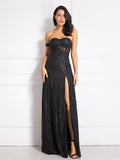 Gbolsos Off Shoulder Sparkle Glitters Floor Length Split Party Maxi Dress Full Lining Padded Backless Long Black Dress