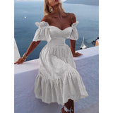 Gbolsos Boho Sexy One Shoulder Midi Dress Women Hollow Strapless Butterfly Sleeve Ruffle Hem Slim Vestidos Solid Holiday Dresses