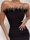 New Summer Sexy Strapless Backless Feather Black Midi Women Bodycon Bandage Dress   Designer Fashion Party Club Dress Vestido