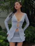 Sexy V Neck Long Sleeves Hollow Out Ruffles Top + Mini Skirt 2 Pieces Sets Women   Summer Casual Party Club Blue Outfits