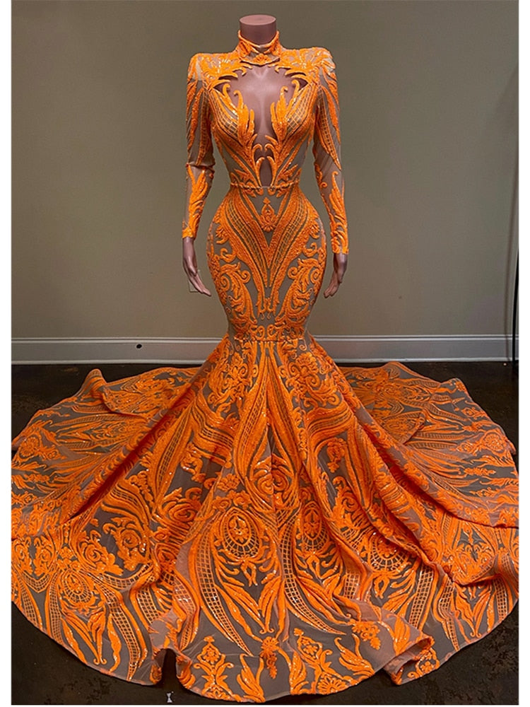 Gbolsos Orange Mermaid Evening Gowns  Party Dress For Womens Blingbling Applique Long Sleeves Occasion Gown Robe De Soir¨e