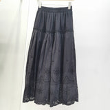 Boho Elegant White Long Skirt Women Hook Flower Hollow Folds Hem High-waisted Skirts Casual Holiday Female Clothes