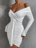 Gbolsos Sexy Tight Long Sleeve Short Club Dress White Evening Bodycon Dresses For Women Off Shoulder Party Mini Dress