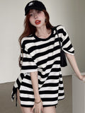 Gbolsos Striped T-shirts Women Slit M-4XL Streetwear Loose Summer Simple Short Sleeve All-match Students Ulzzang Fashion Casual Ins BF