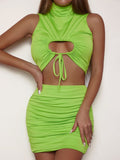 Gbolsos 2 PCS Sexy Ruffle Mini Dress Set Green Top Autumn Summer Skirts Suits Bodycon Women Party Tight Short Dress Suit