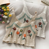 OUMEA Women Summer Crochet Camis Crop Top Floral Embroidery Cute Sleeveless Beach Sweet Retro Tops Vintage Floral Cotton Tops