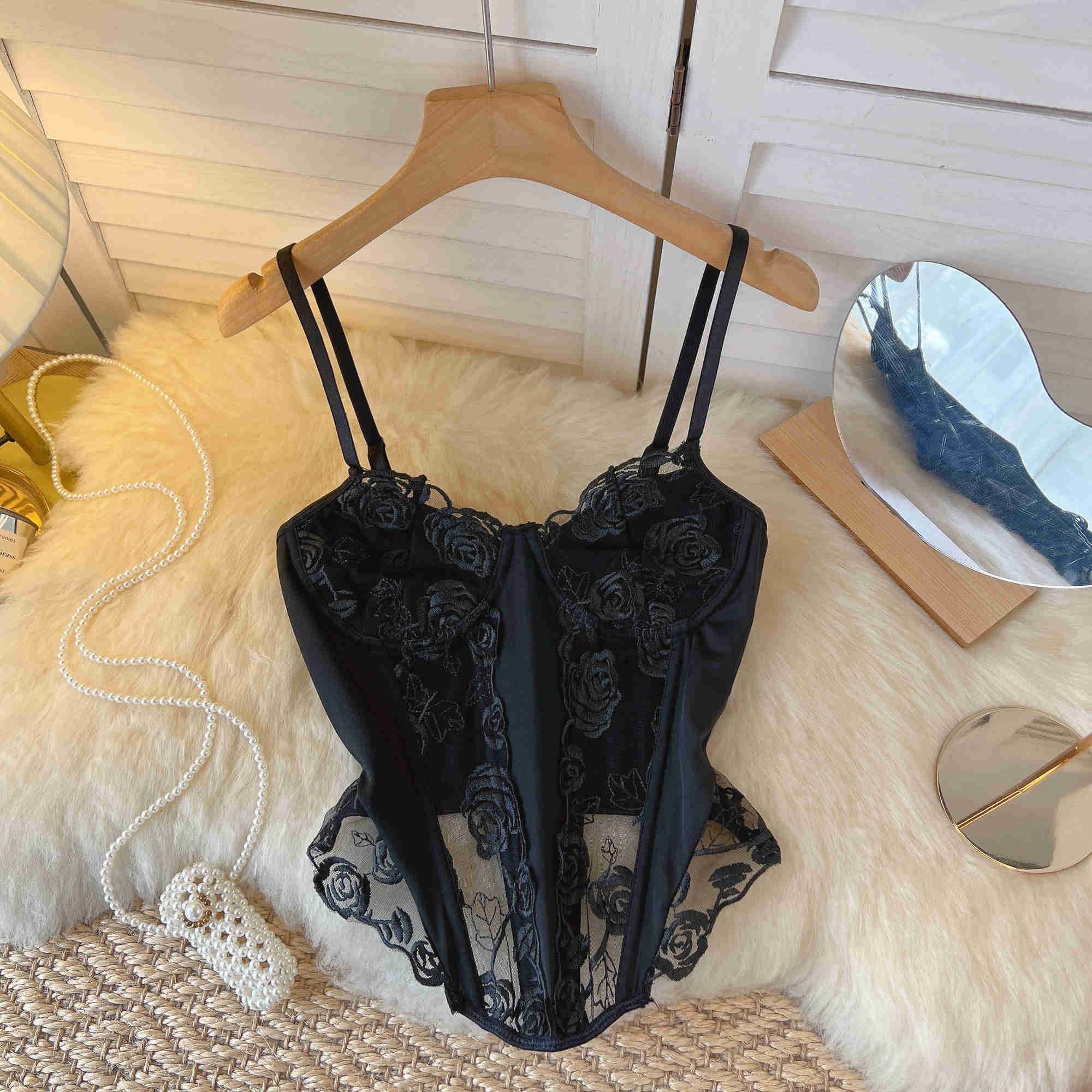 Gbolsos Sexy See Through Mesh Bustier Top Women Fashion Summer Black Camis Floral Embroidery Fishbone Skinny Club Party Crop Tops